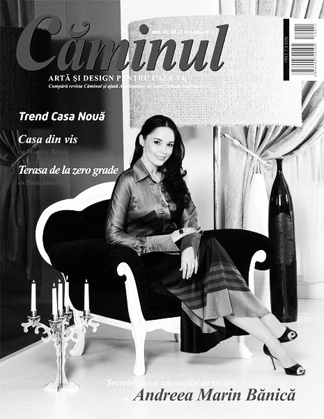 Black and white cover of Caminul magazine featuring Andreea Marin Banica seated elegantly in a chair.