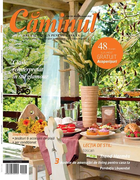 Caminul Romanian home decor magazine cover featuring outdoor dining setup with colorful flowers and summer accessories.