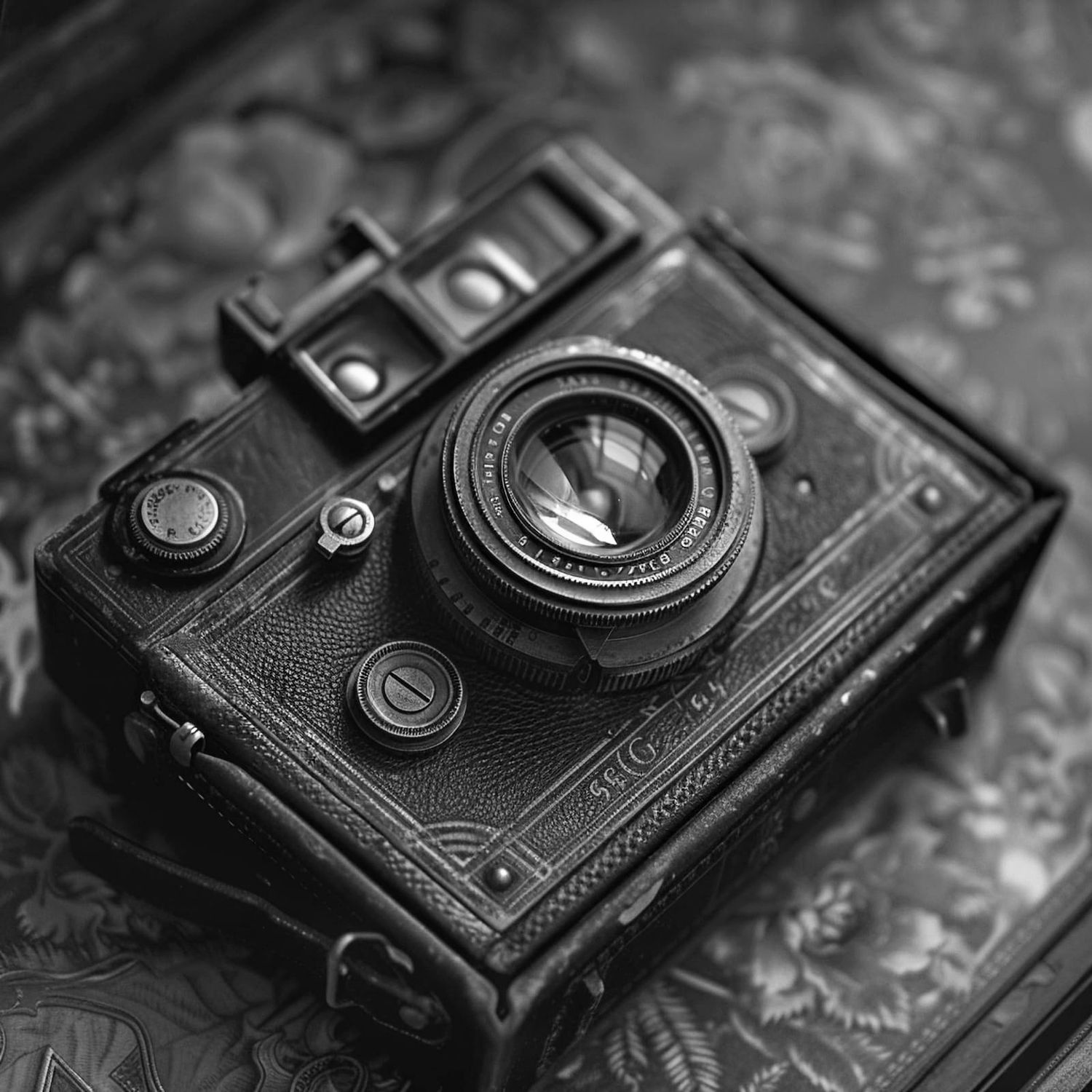 Vintage black leather camera with ornate detailing and classic lens on a decorative surface.
