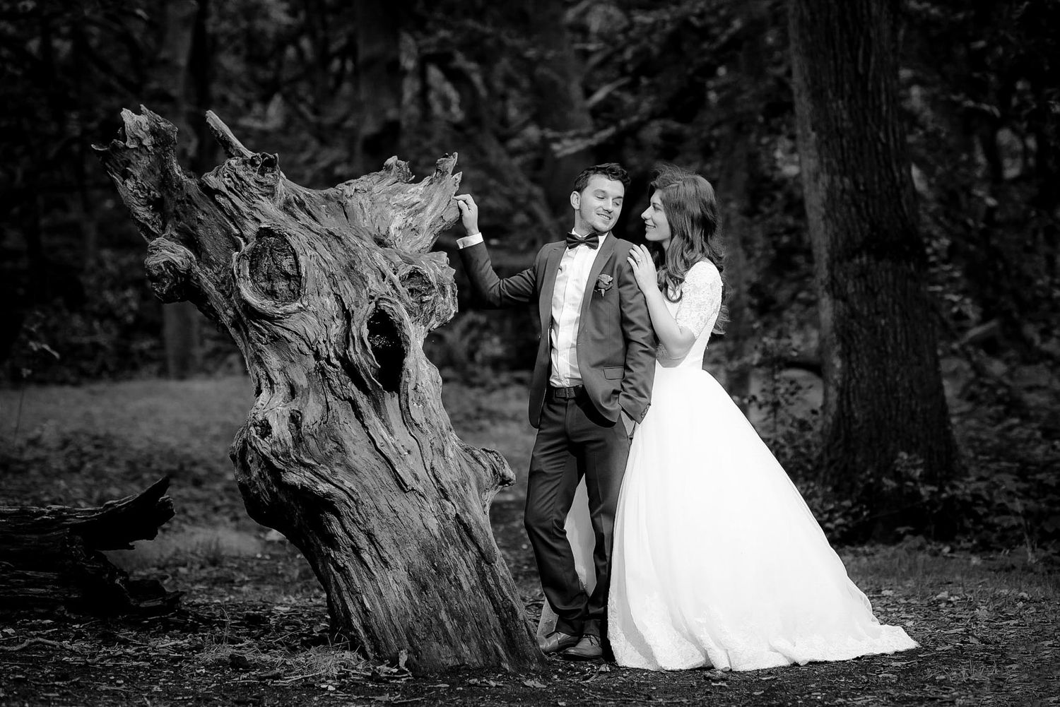 Black and white wedding photo of bride and groom posing beside a large tree stump in a forest.
