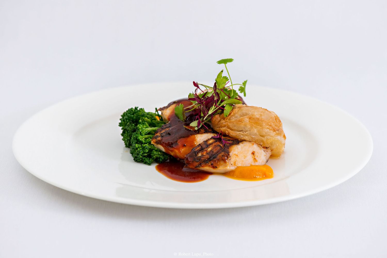Elegant plated dish featuring roasted chicken, broccoli, and rich brown sauce garnished with fresh microgreens on a white plate.
