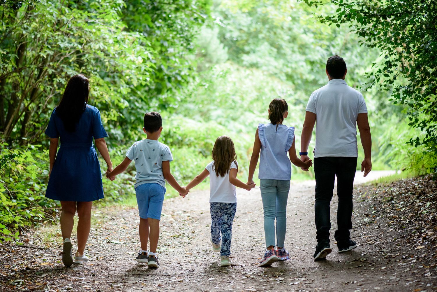 Family of five holding hands walking on a forest trail surrounded by lush green trees.