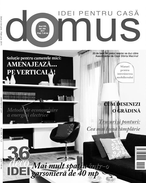 Domus Idei Pentru Casa magazine cover featuring a modern black and white living room interior design with shelving and furniture.