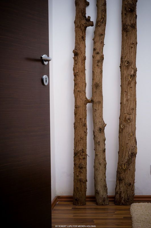 Three rustic tree trunk branches leaning against a white wall next to a dark brown wooden door with silver handle.