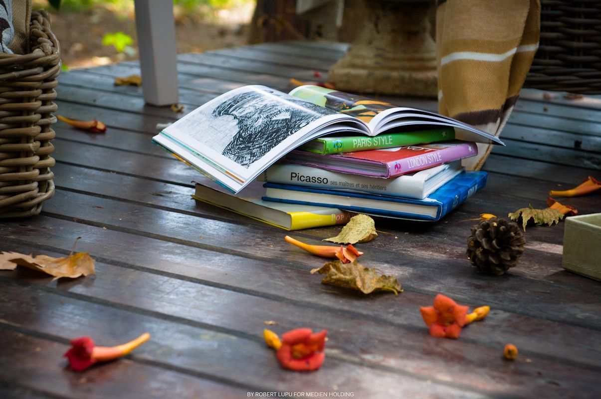 Colorful books and open sketchbook on wooden deck surrounded by autumn leaves and pine cone in garden setting.