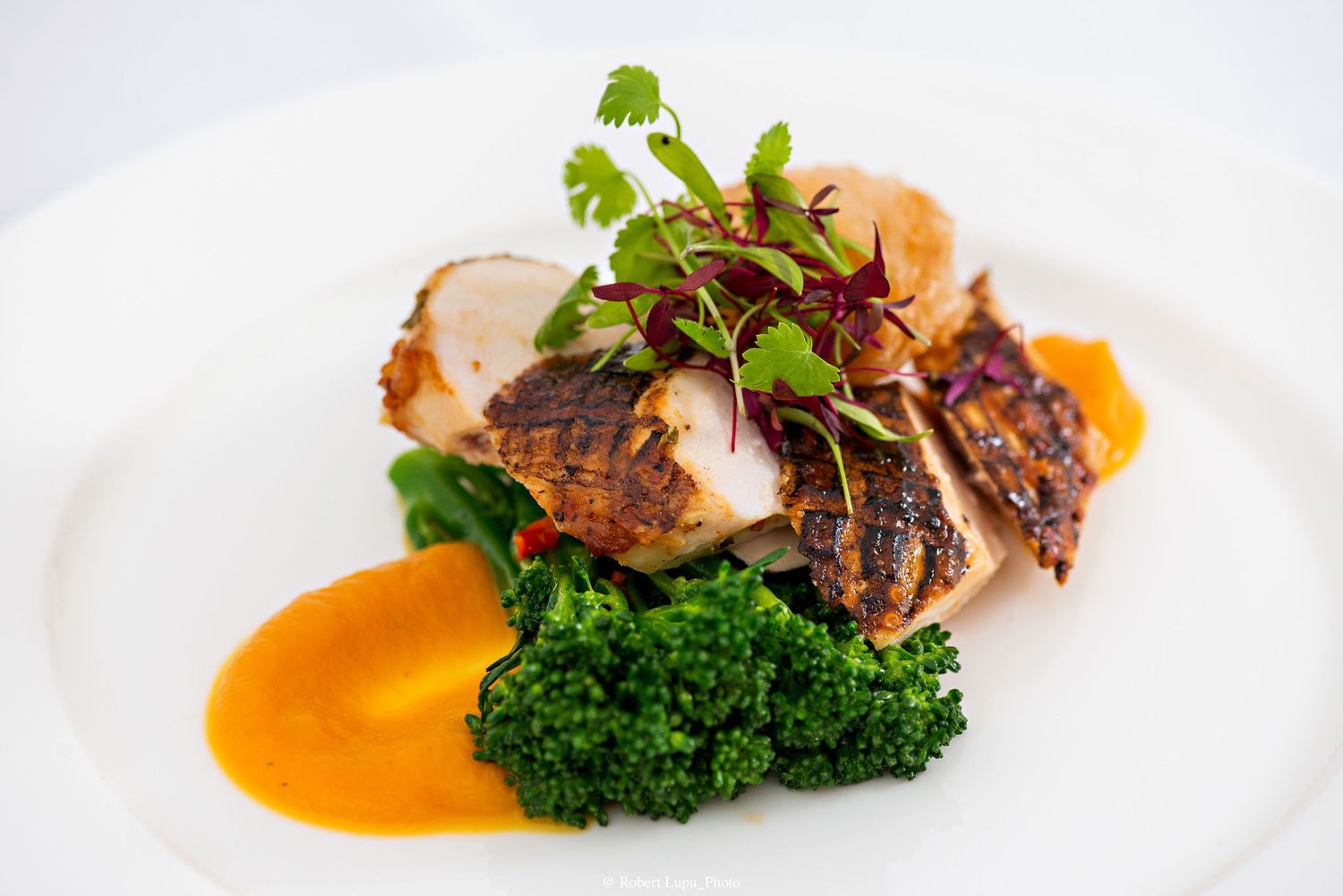 Grilled chicken breast with broccoli, orange sauce, and fresh herbs on a white plate.
