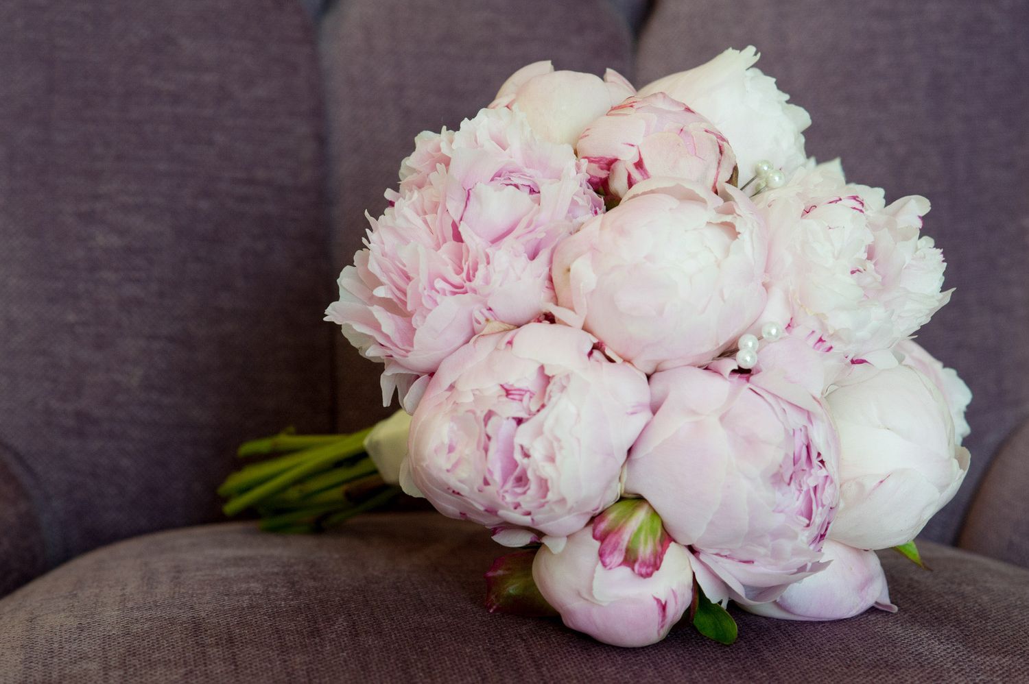 A bridal bouquet of soft pink peonies resting on a gray velvet chair.