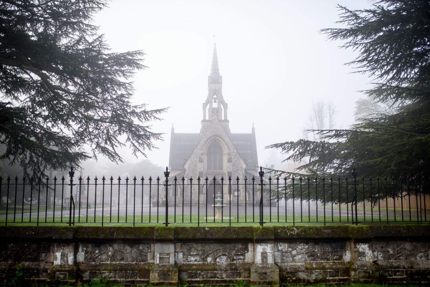 Misty Gothic church behind ornate iron fence framed by cedar trees on a foggy day.