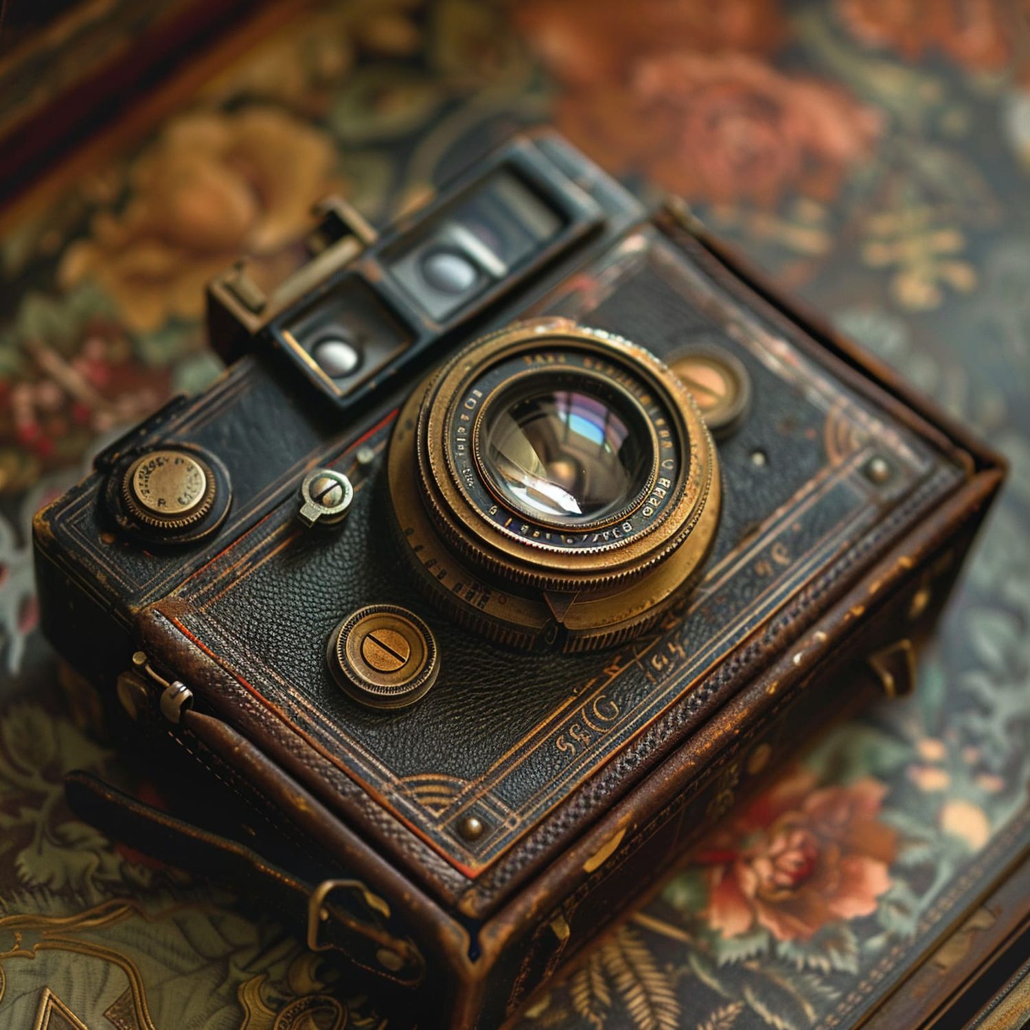 Vintage antique camera with brass lens resting on a floral patterned surface.
