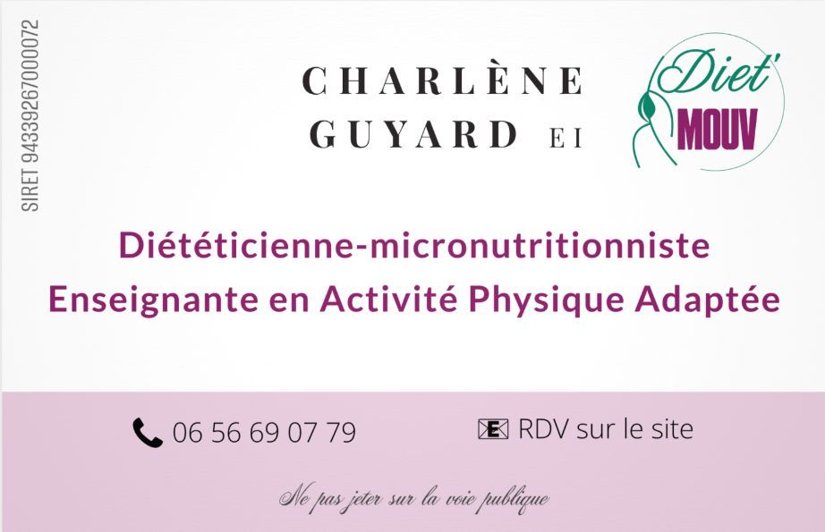 Business card for Charlène Guyard, dietitian-micronutritionist and adapted physical activity teacher, Diet Mouv.