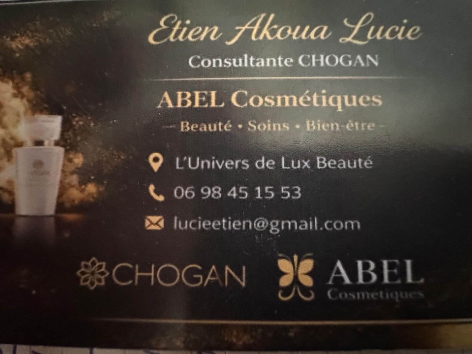 ABEL Cosmétiques business card for Chogan consultant Etien Akoua Lucie, featuring beauty and wellness services contact details.