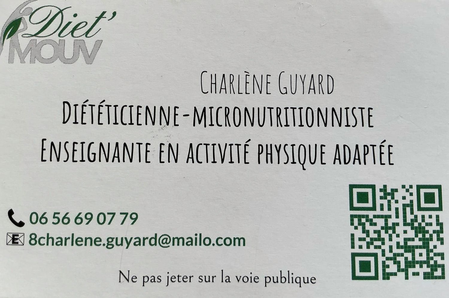 Business card for Charlène Guyard, dietitian-micronutritionist and adapted physical activity teacher, with contact details.