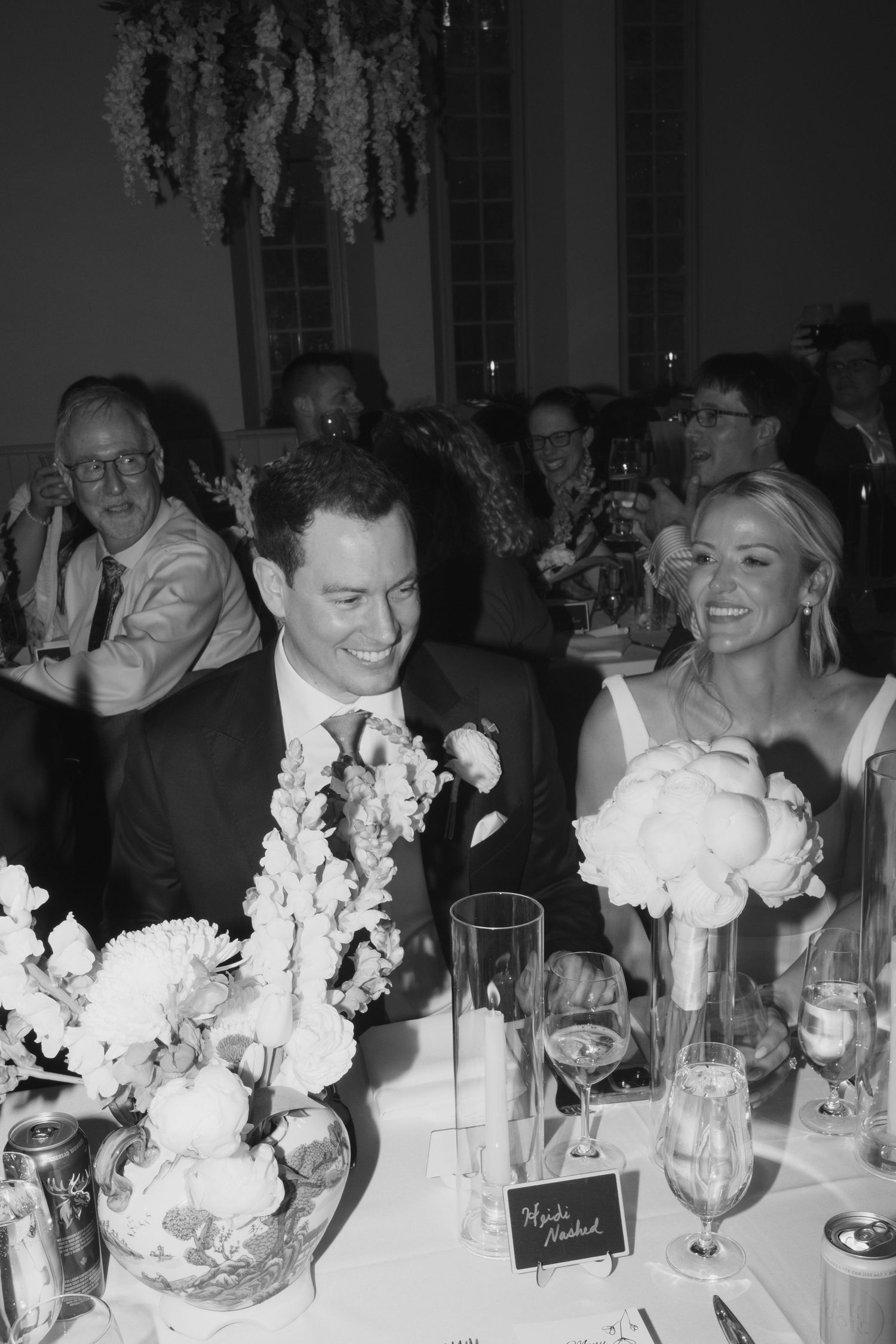 Couple laughing during reception
