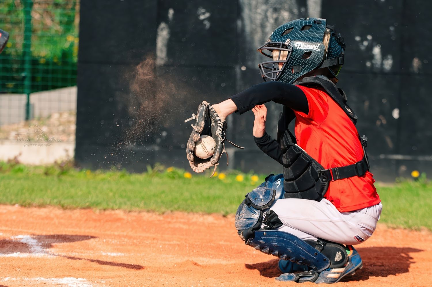 Youth baseball catcher in red gear crouches to catch a pitch at home plate on a sunny day.