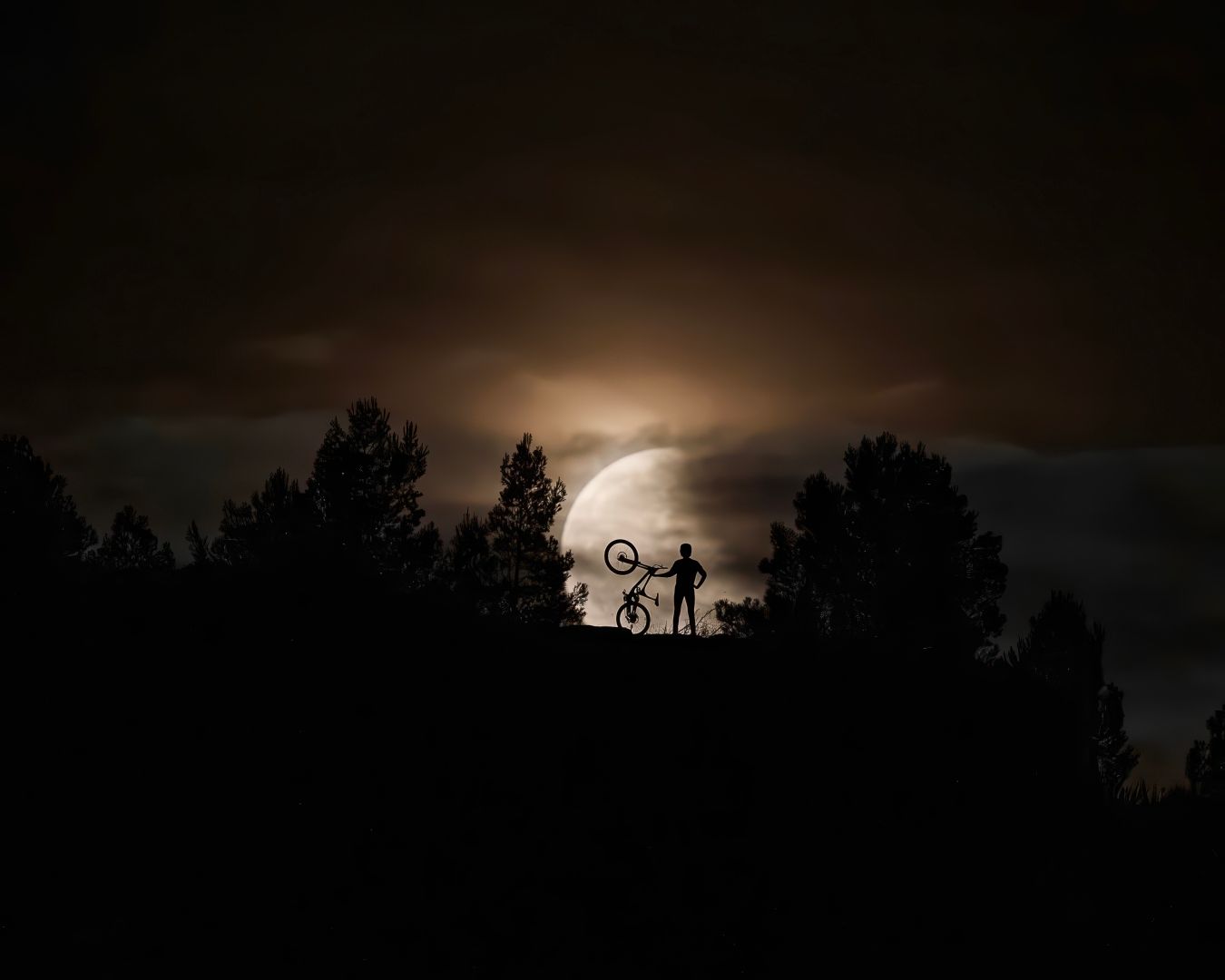Silhouette of cyclist holding bike aloft against a glowing full moon at night.