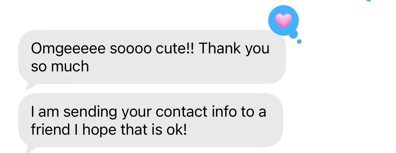 Screenshot of a text message conversation showing enthusiastic responses about sharing contact information with a friend.