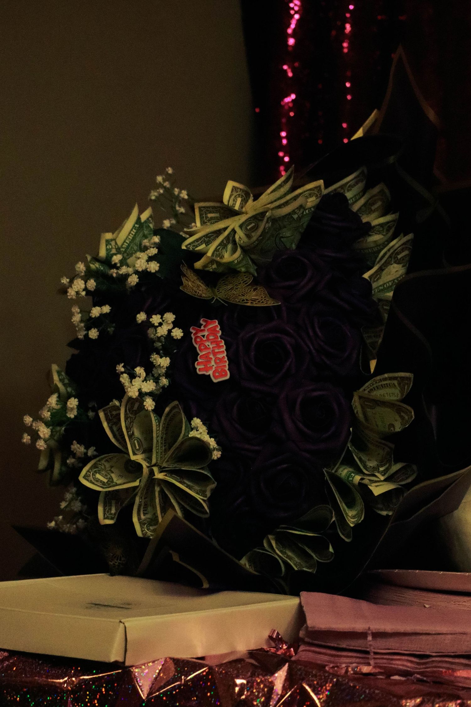 Elia's money purple roses bouquet