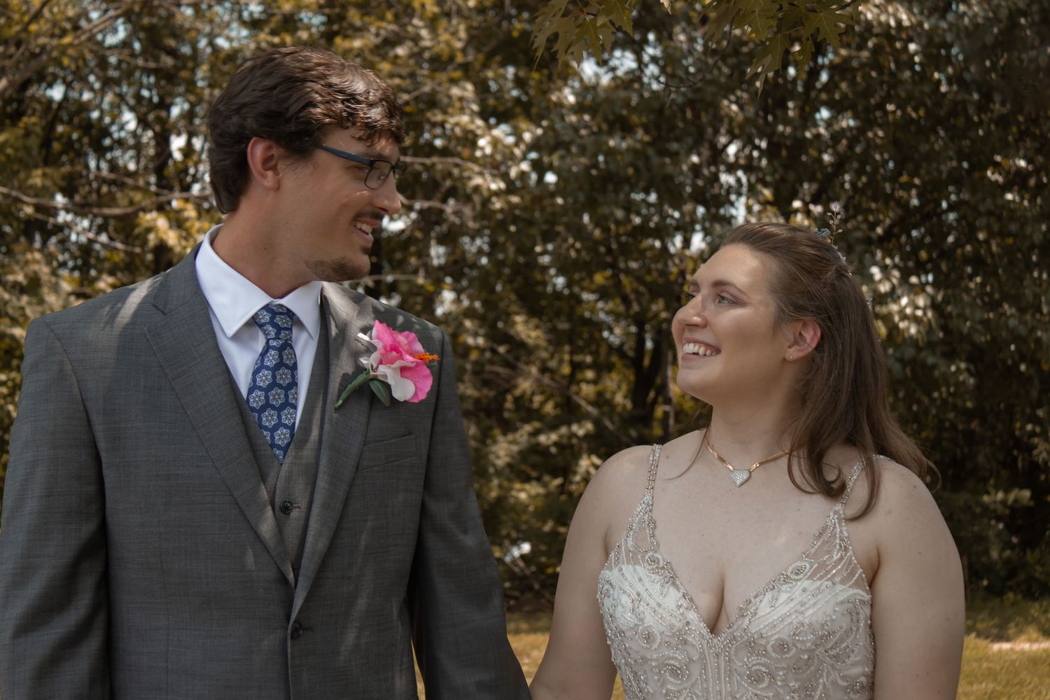 picture  bride and groom looking at each other.