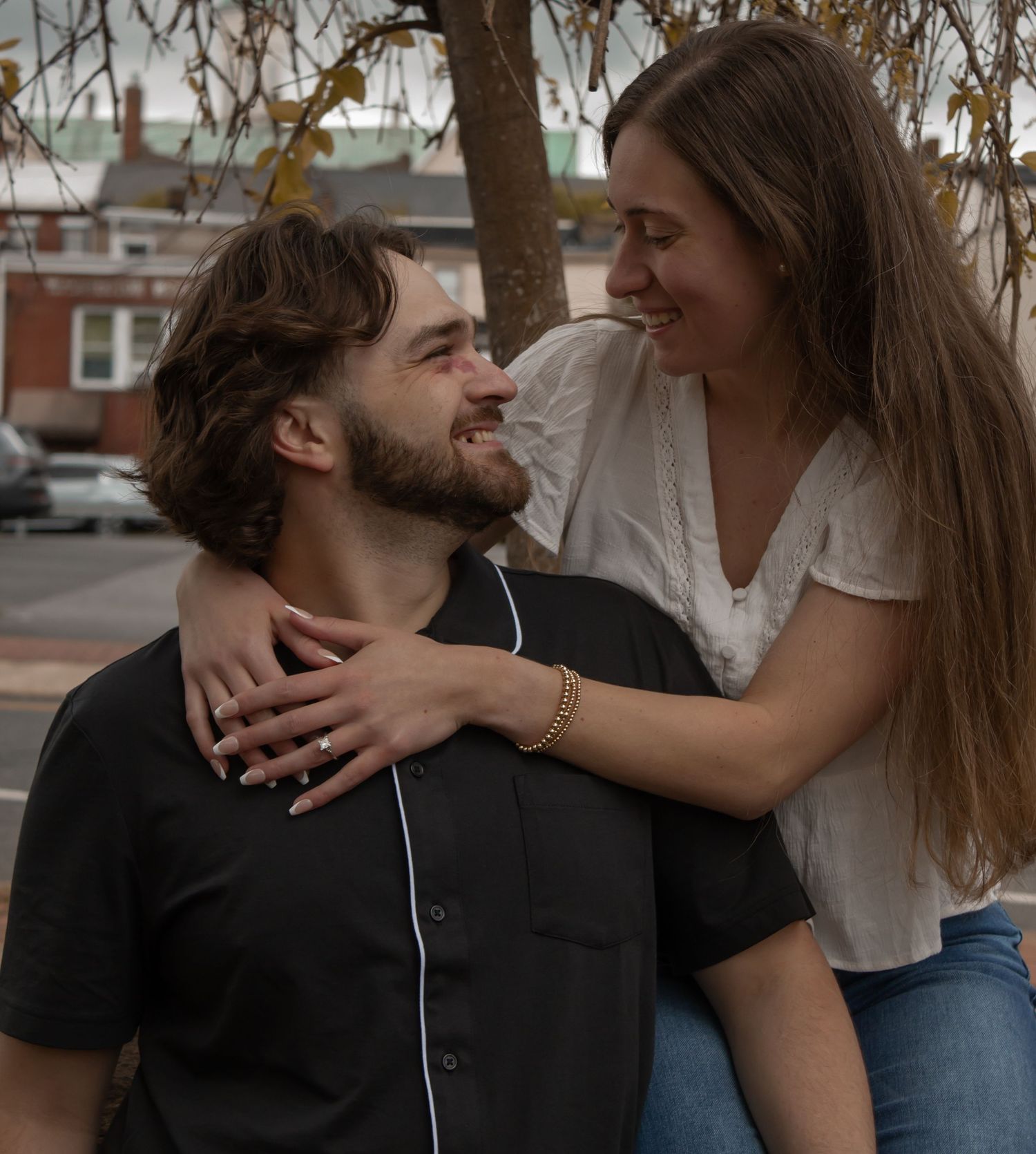 picture of couple, engagement, looking at each other