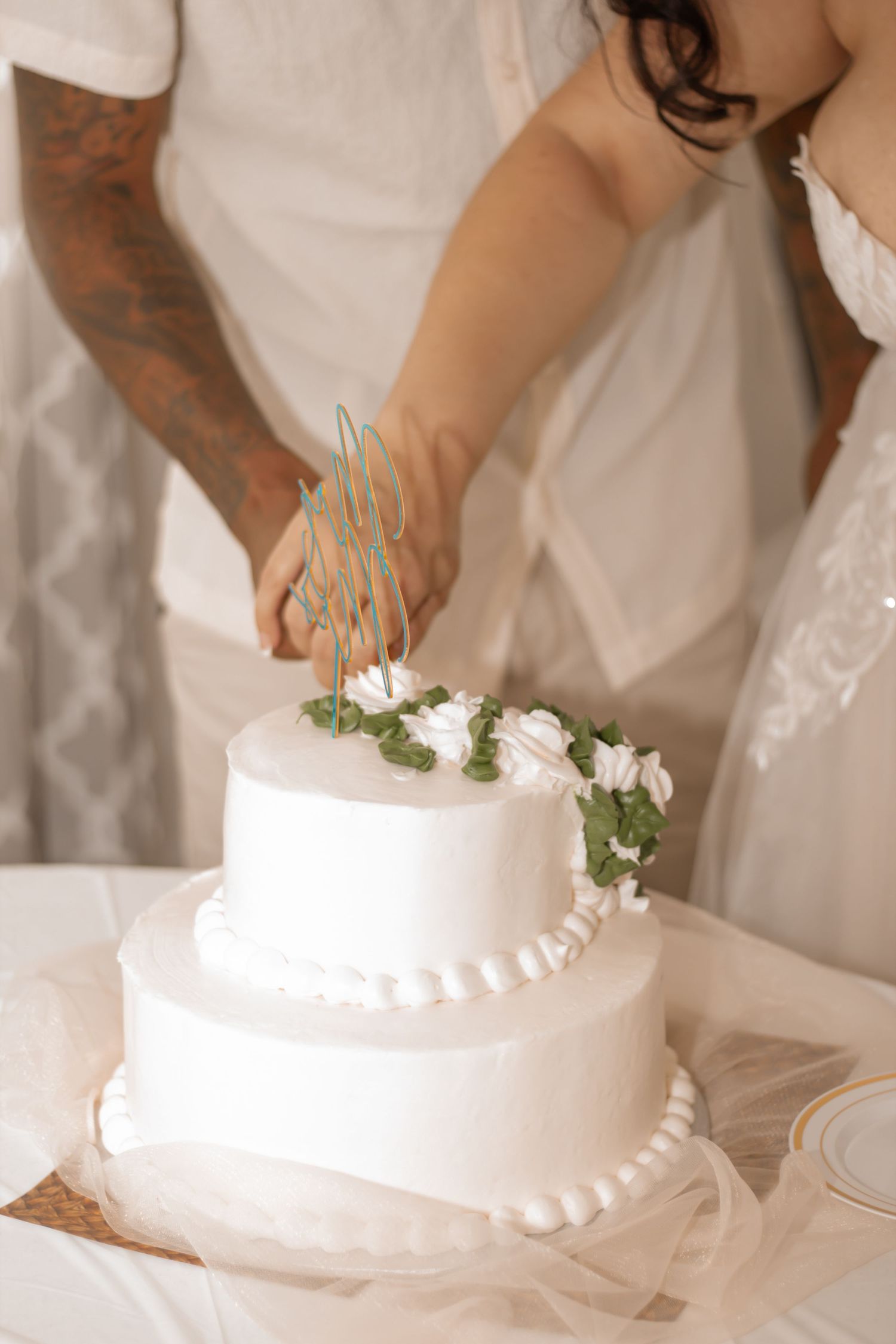 picture of bride and groom cutting their cake, two tier white cake