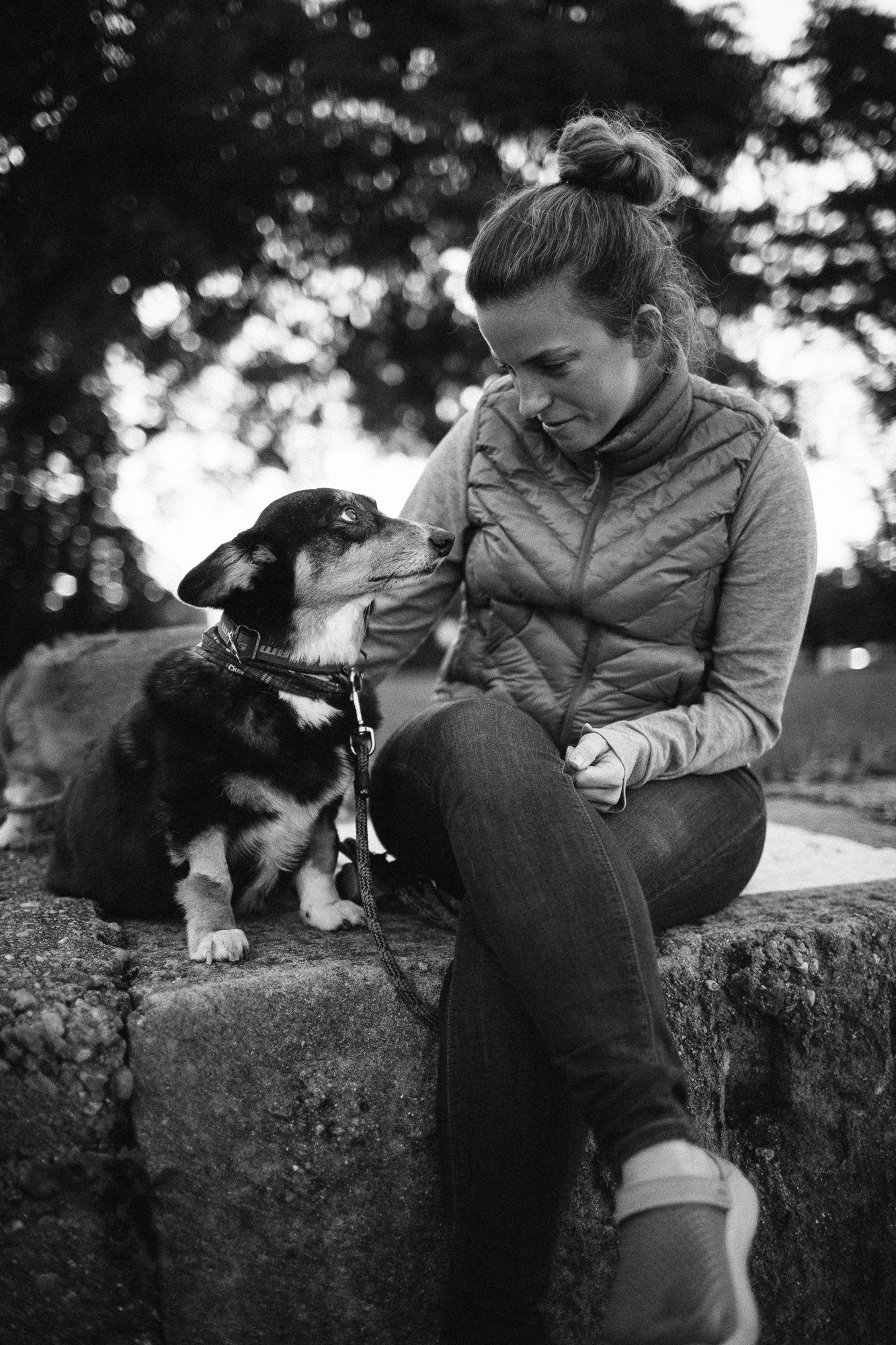Woman in vest sitting on stone wall with Corgi dog looking up at her, black and white.