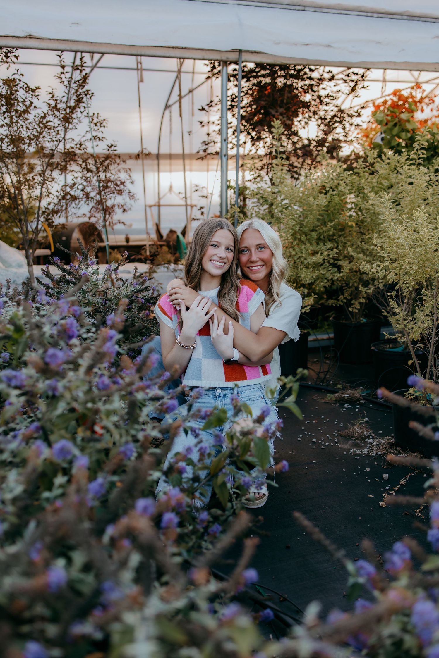 Two smiling seniors embrace among colorful flowers and plants inside a greenhouse nursery.