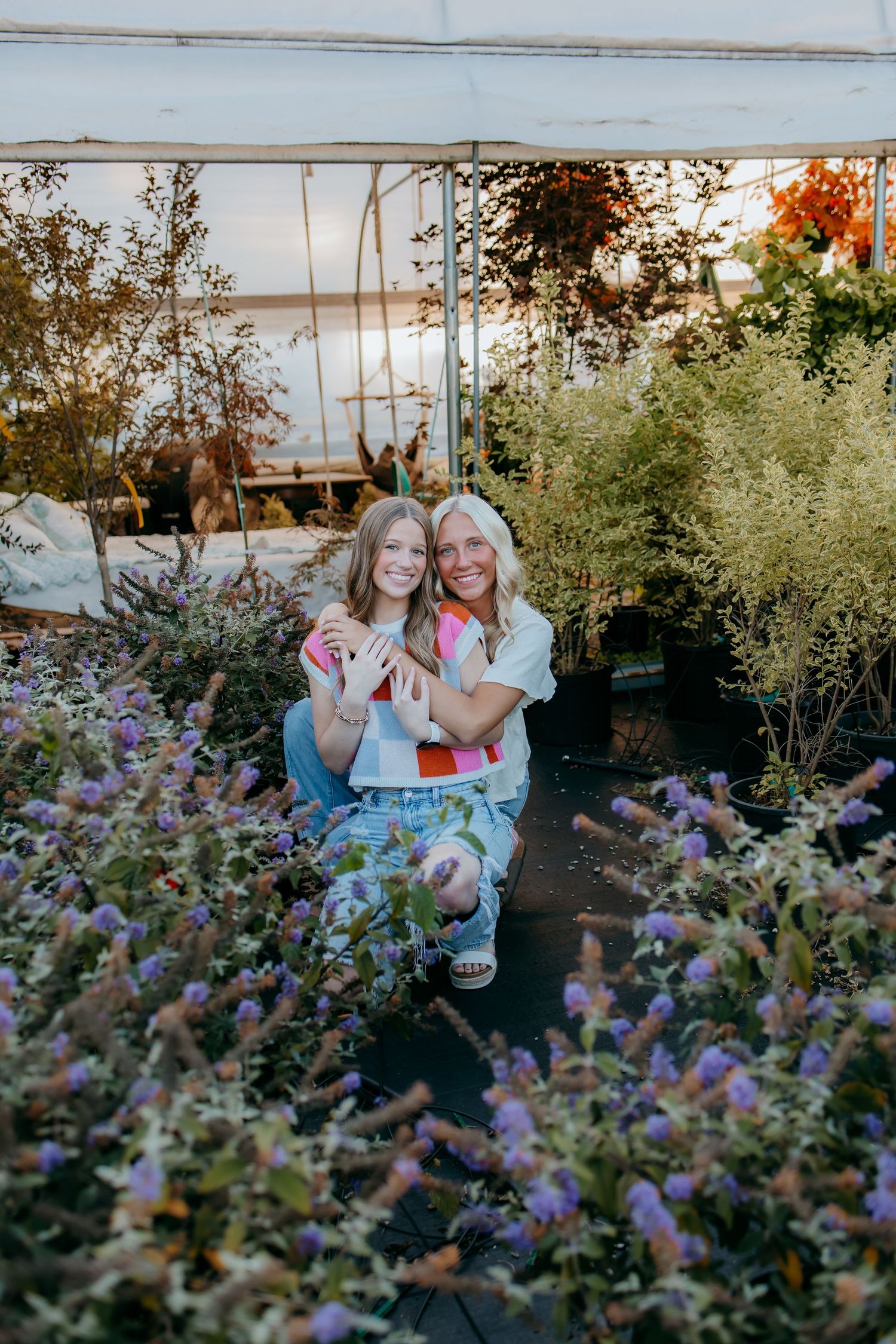 Two women smiling and embracing among purple flowering plants inside a greenhouse nursery.
