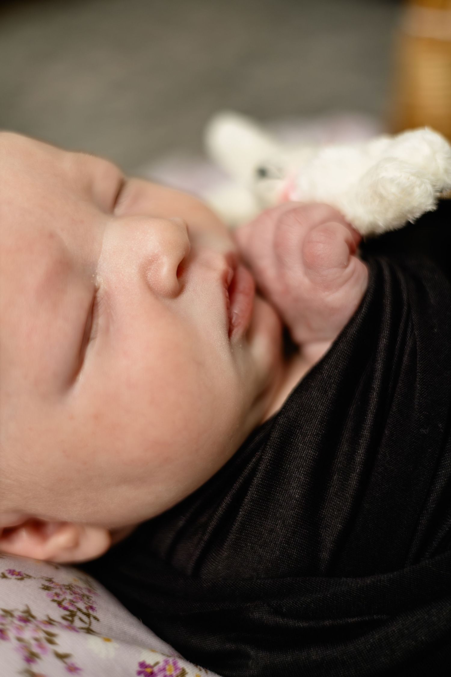 Peaceful newborn baby sleeping swaddled in black wrap, holding a small white stuffed animal toy close to face.