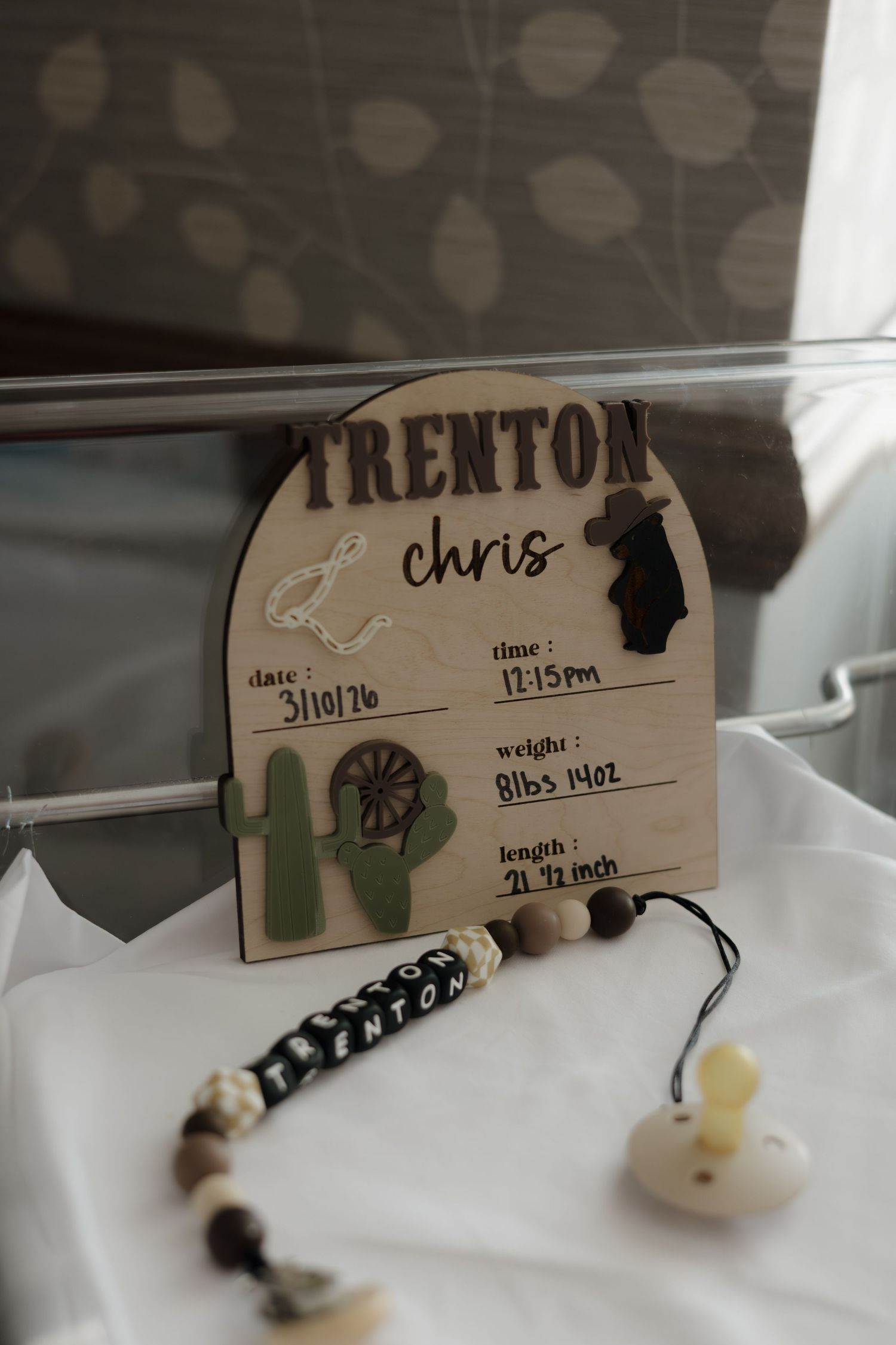 Wooden birth announcement sign for Trenton Chris, born 3/10/26, 8lbs 14oz, 21.5 inches, with personalized pacifier clip.