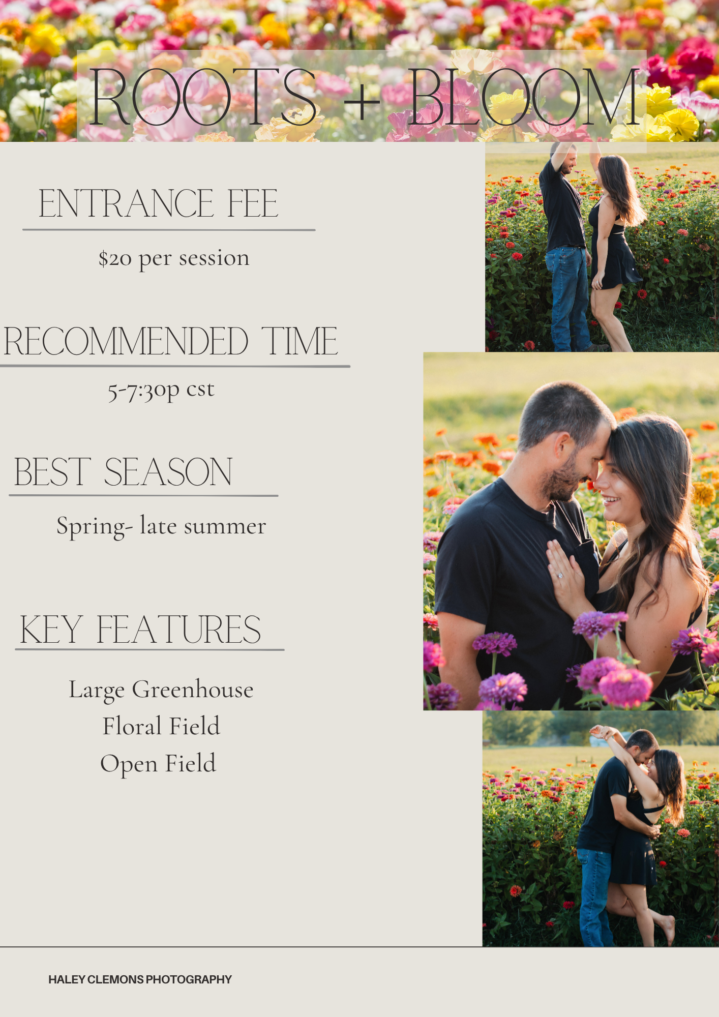 A couple poses romantically among vibrant blooming flowers at Roots and Bloom, a floral field photography location.
