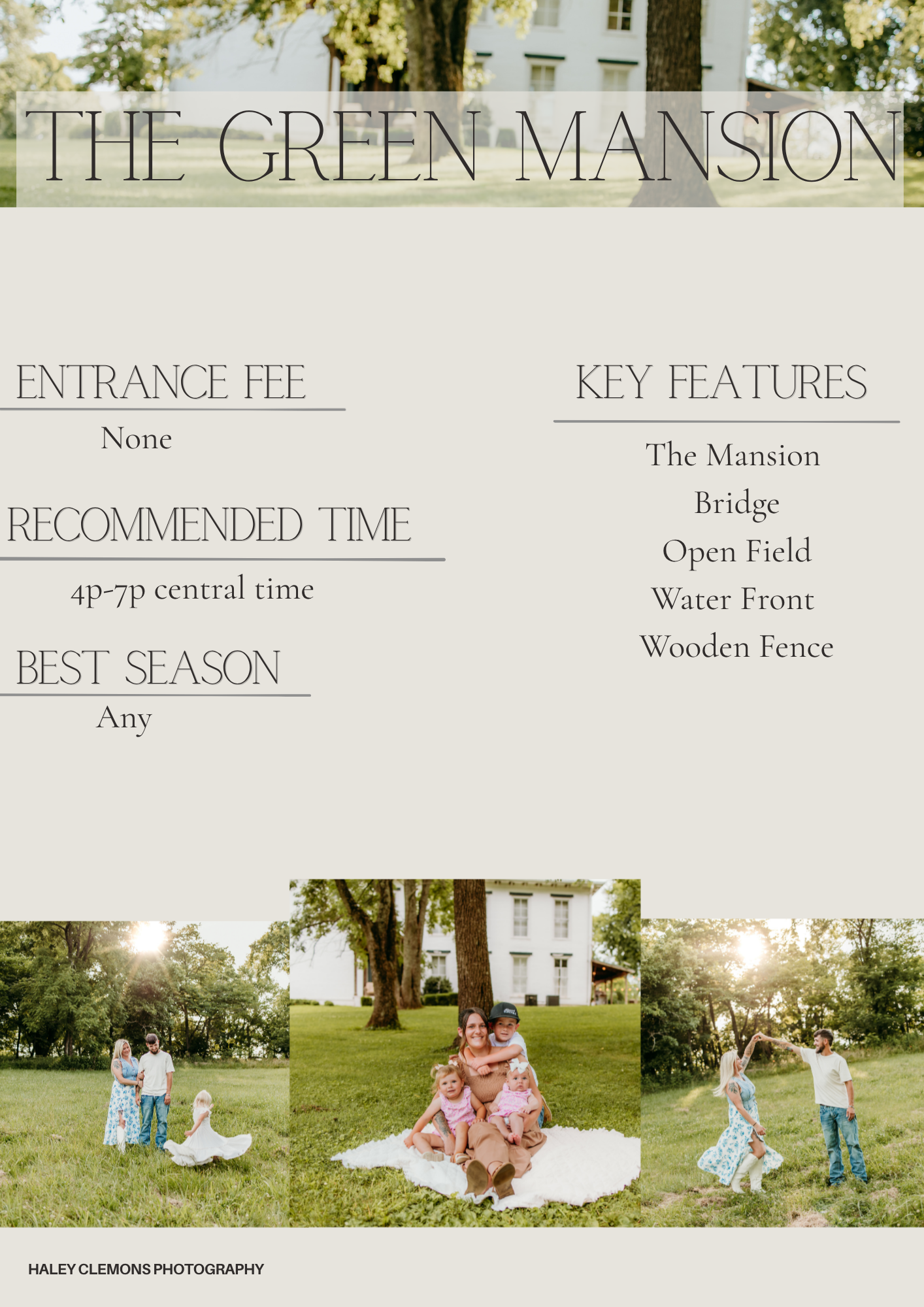 Promotional flyer for The Green Mansion photo location featuring families posing outdoors near a historic mansion, bridge, and open field.