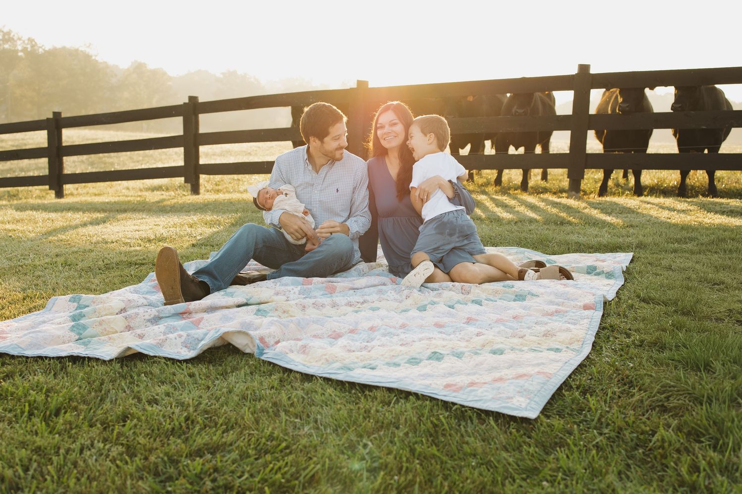 Family of three sitting on a blanket in a sunny farm field with black fence and cattle in the background.
