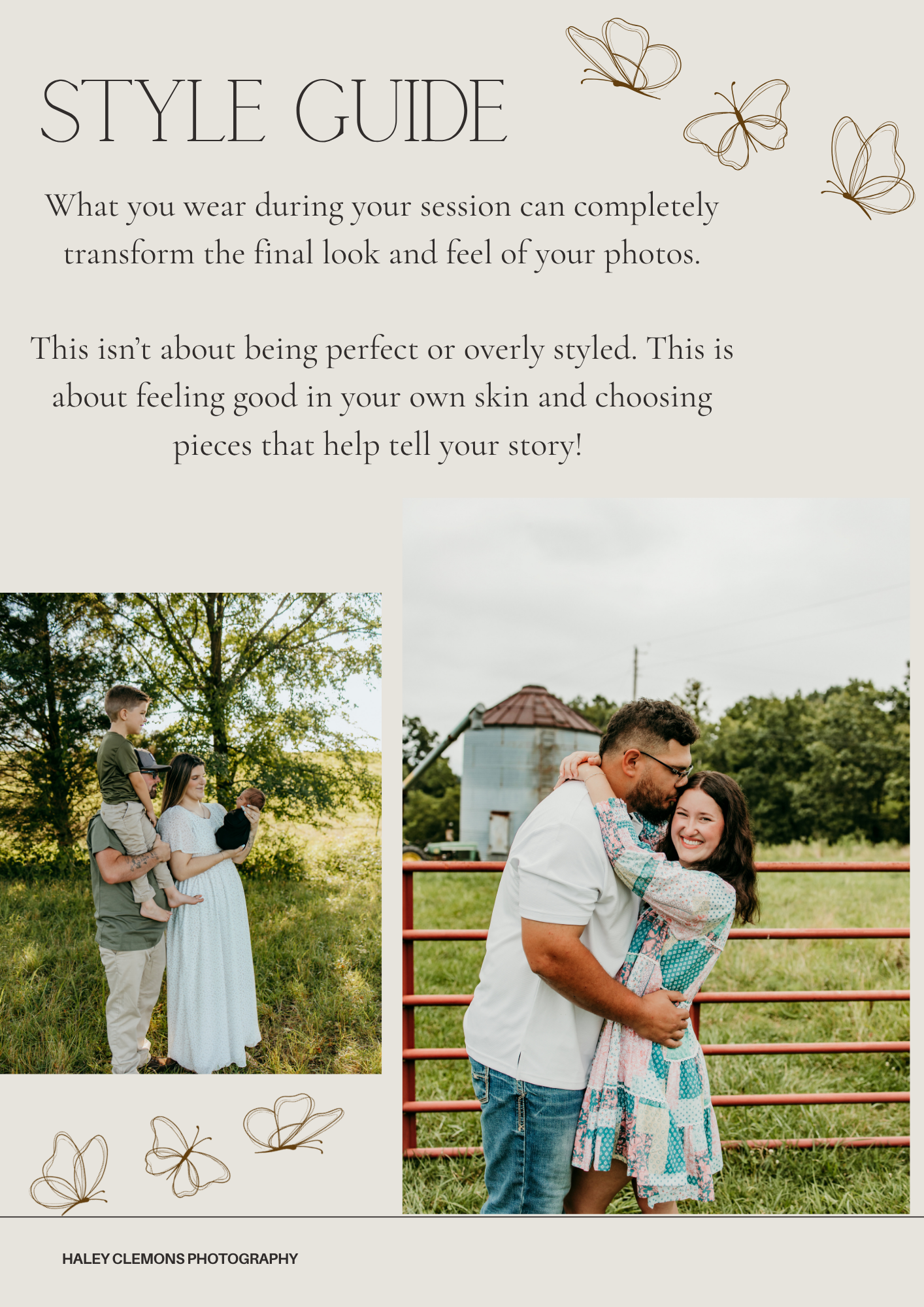 A style guide for photography sessions featuring photos by Haley Clemons Photography on a neutral background.
