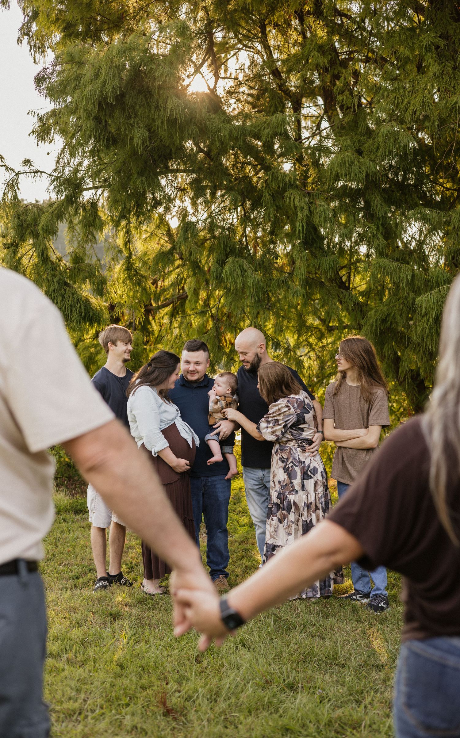 Family gathering outdoors at golden hour, holding hands in a circle on green grass beneath a sunlit tree.