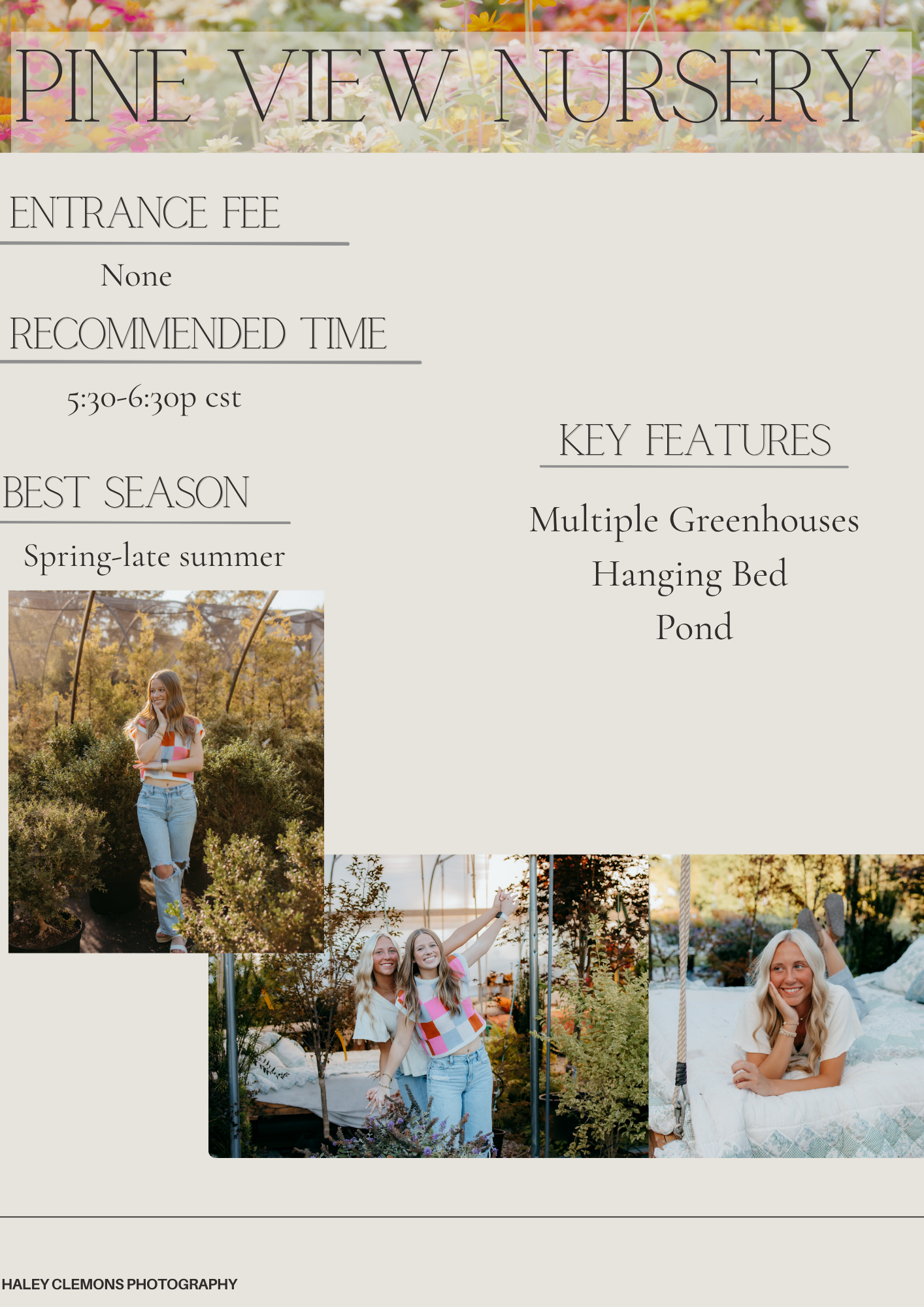 Pine View Nursery photography guide showing greenhouses, hanging bed, and pond with senior portrait examples.