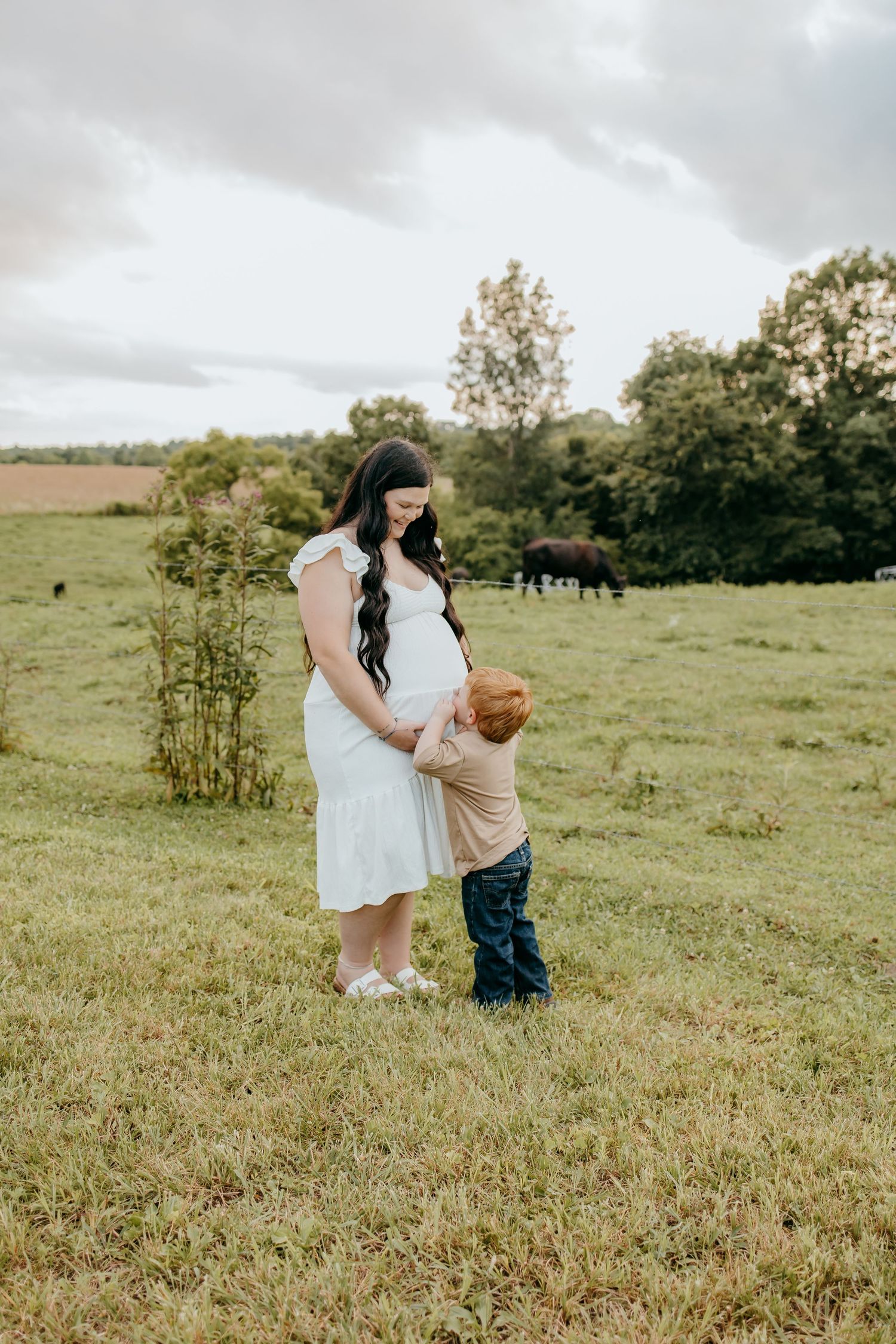 Pregnant woman in white dress with toddler boy touching her belly in a green farm field with cattle grazing in background.