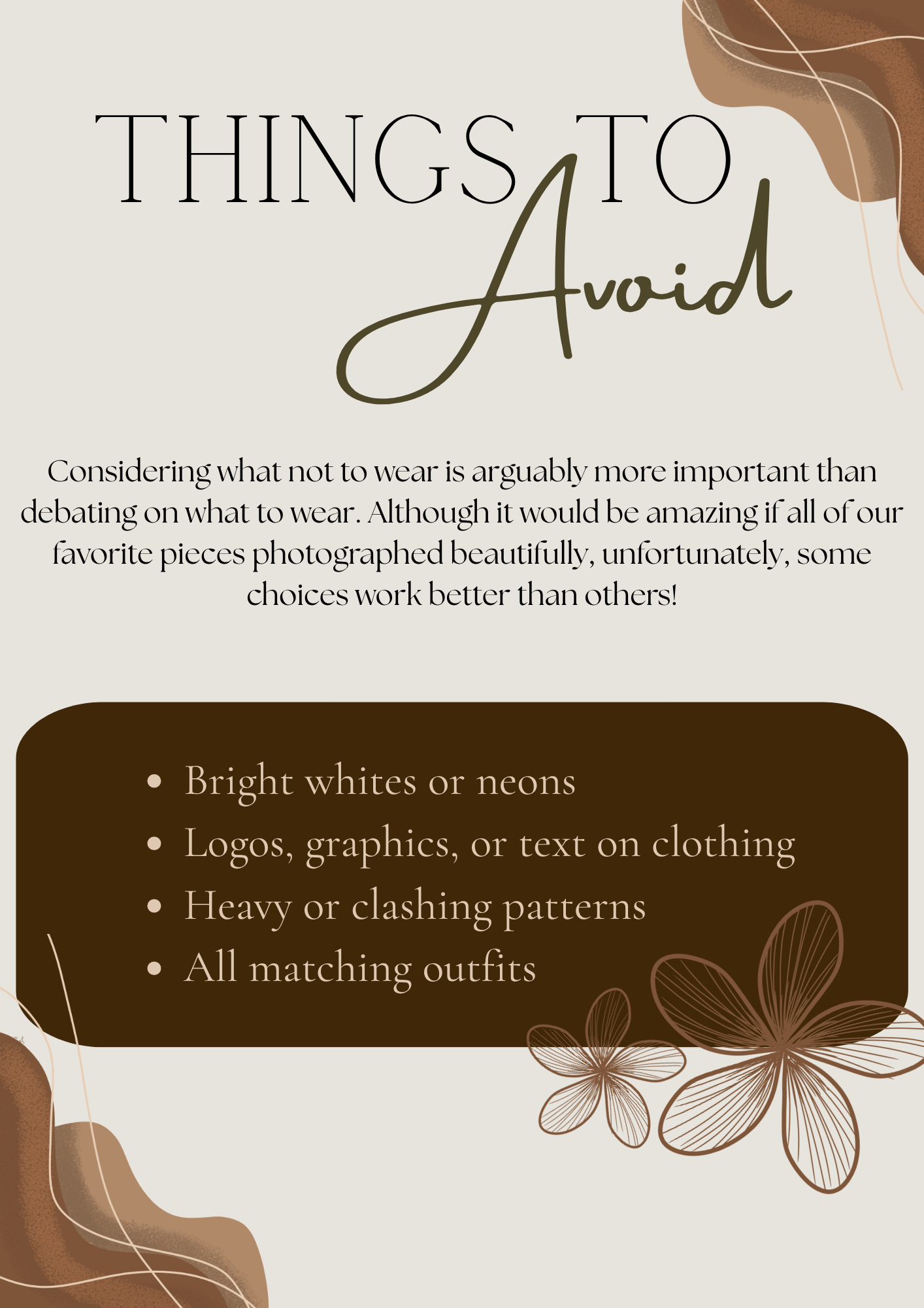 Infographic listing things to avoid when choosing outfits for photos, including bright whites, logos, patterns, and matching outfits.