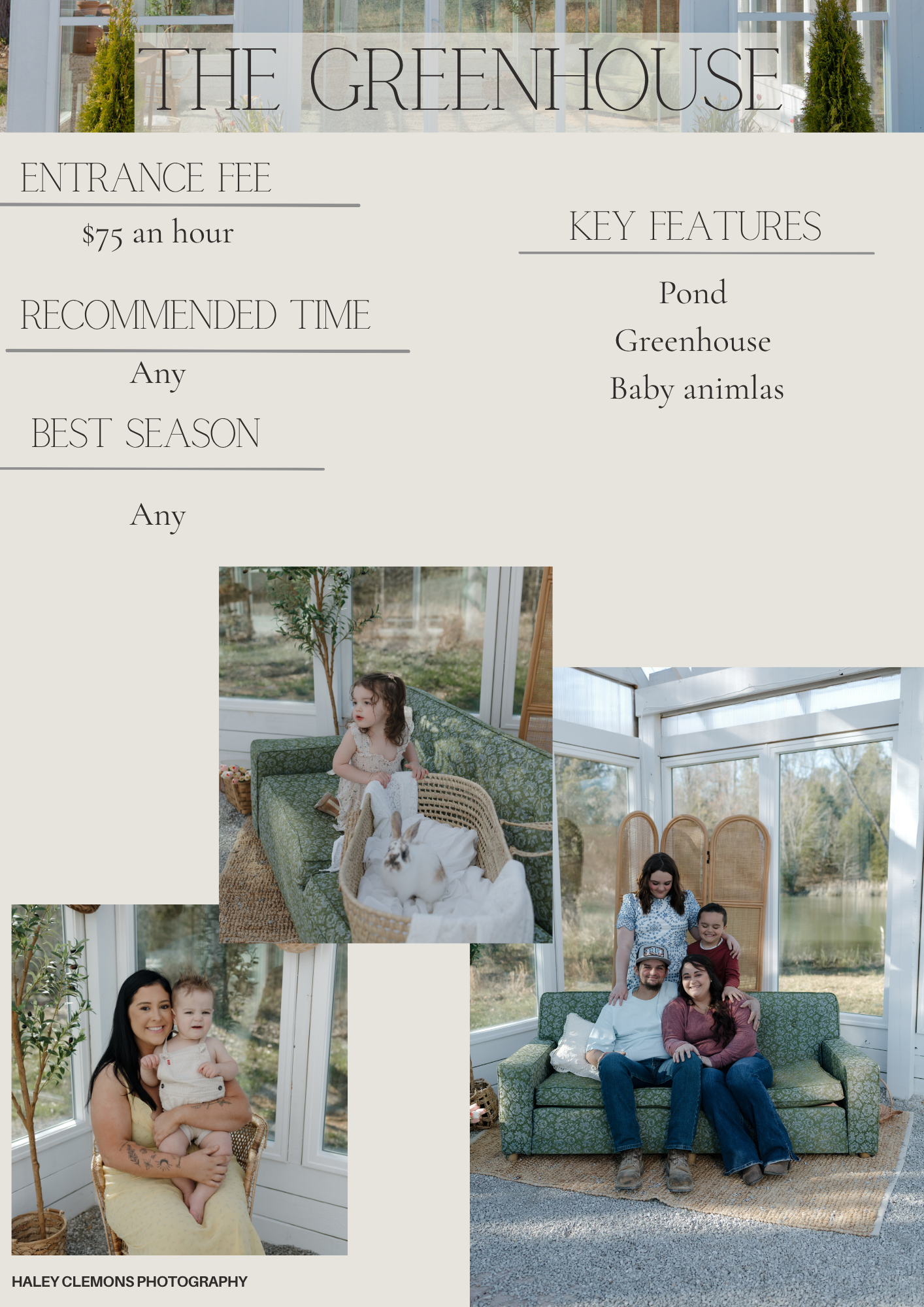 A family photography guide for The Greenhouse featuring portraits in a sunlit greenhouse with a pond, baby animals, and lush greenery.