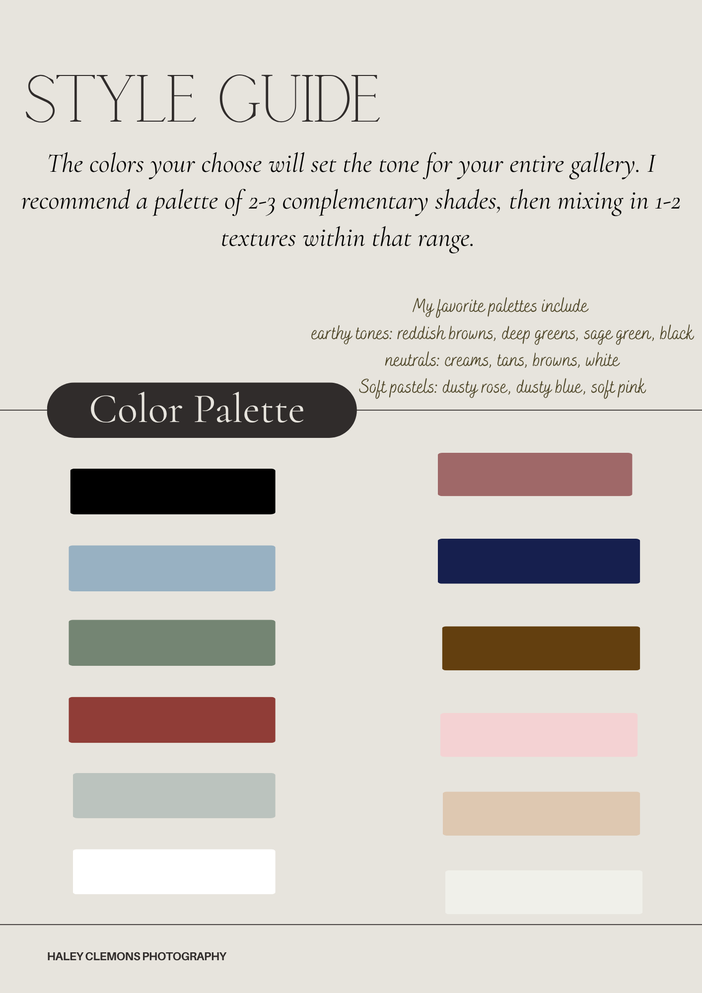 A style guide color palette featuring earthy tones, neutrals, and soft pastels for photography gallery curation.