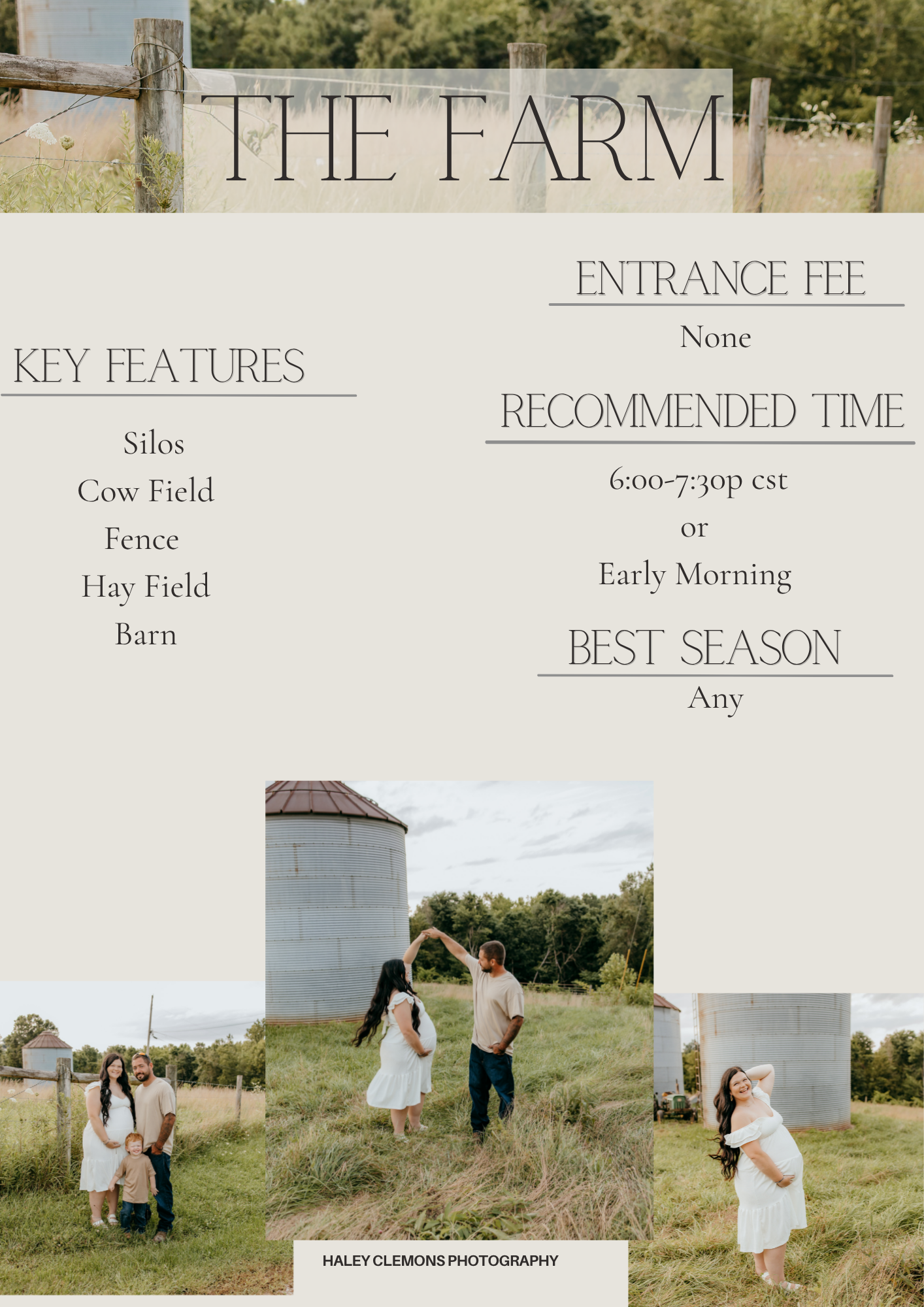 A couple dances in a green farm field near a silo, captured by Haley Clemons Photography at golden hour.