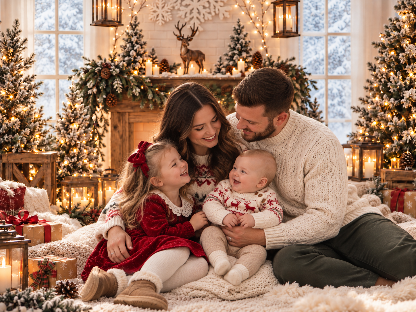 Family of four posing for a festive Christmas photo with decorated trees, warm lights, and holiday gifts in the background.