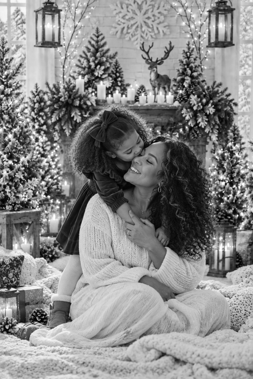 Black and white photo of a mother and daughter sharing a joyful Christmas moment surrounded by decorated trees and candles.