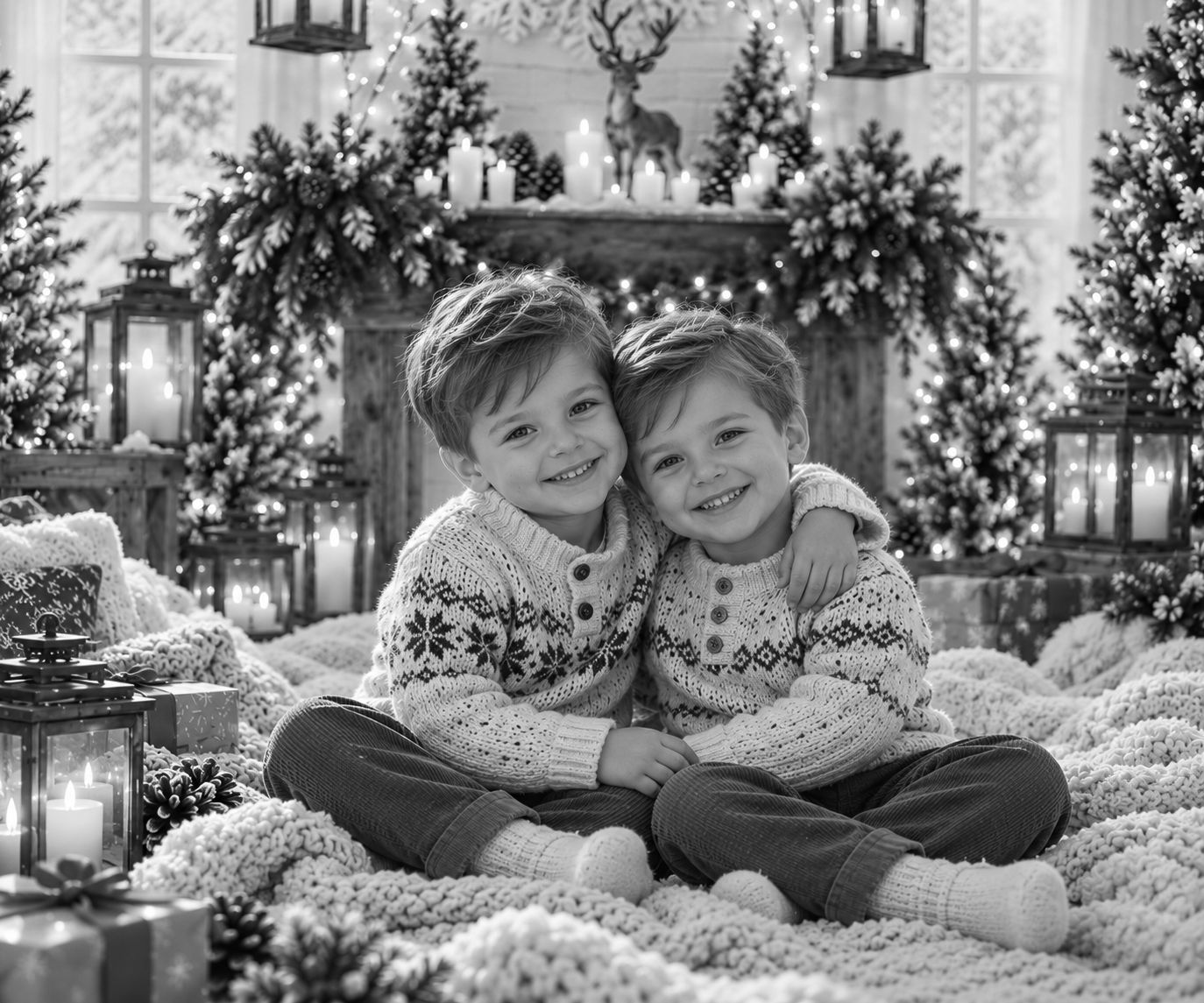 Two young boys in matching Nordic sweaters smile together in a festive black and white Christmas photo with trees and lanterns.