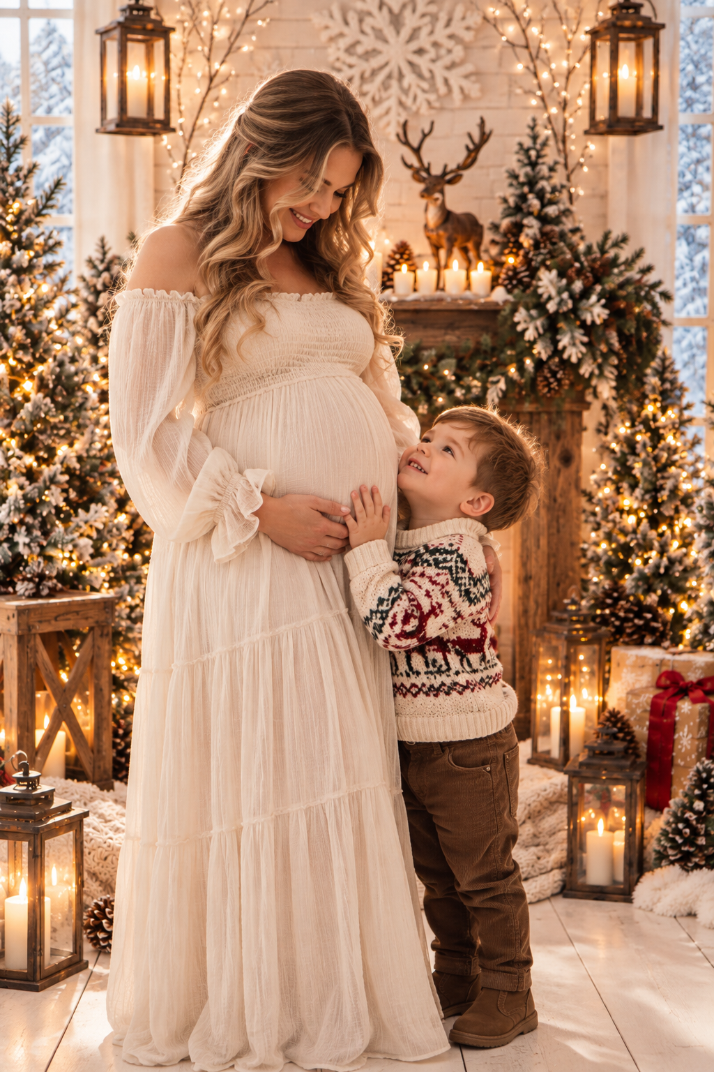 Pregnant woman in white dress with young boy touching her belly amid Christmas trees and festive lights.