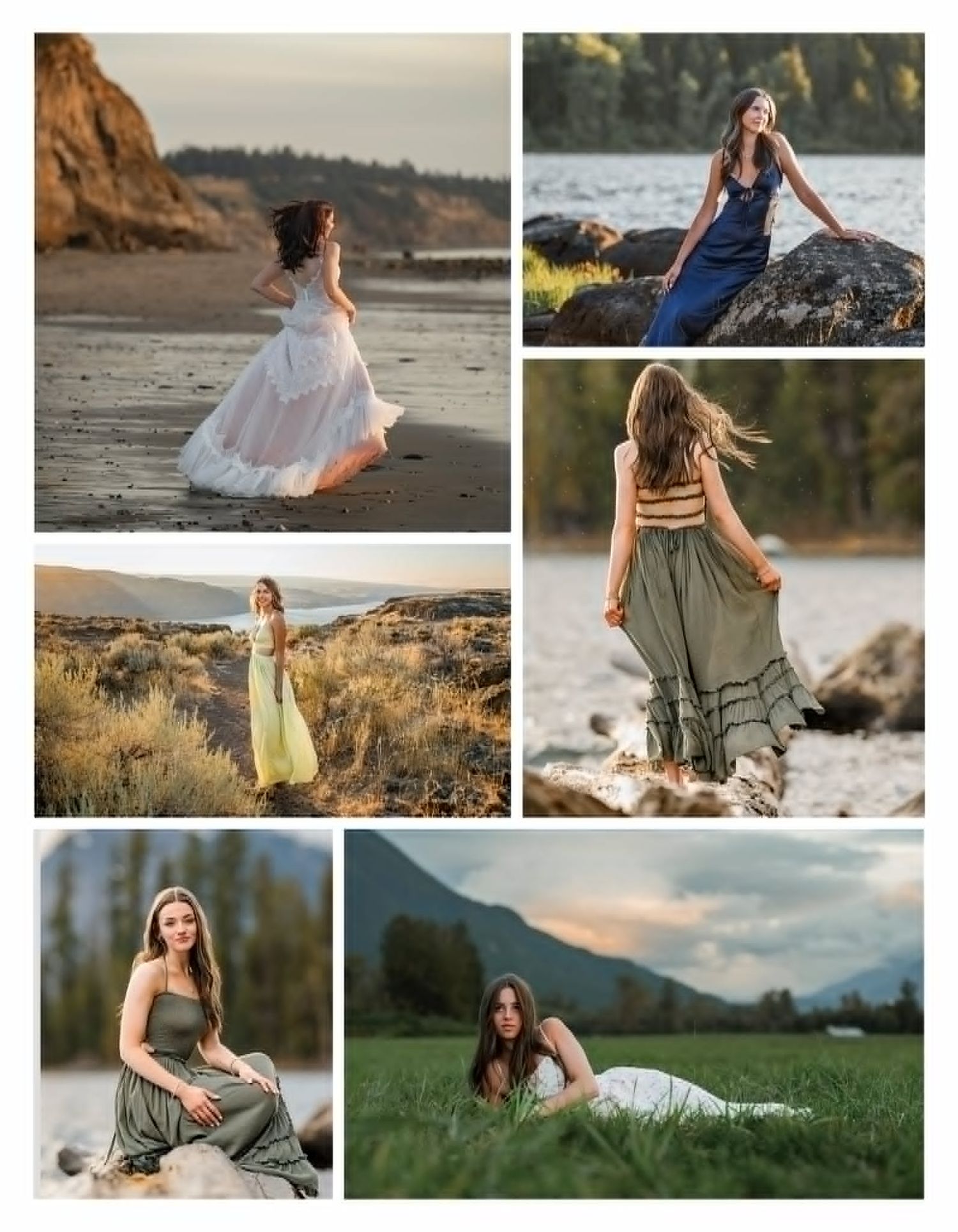 Collage of a young woman in flowing dresses posing outdoors at a beach, rocky shore, field, river, and meadow.