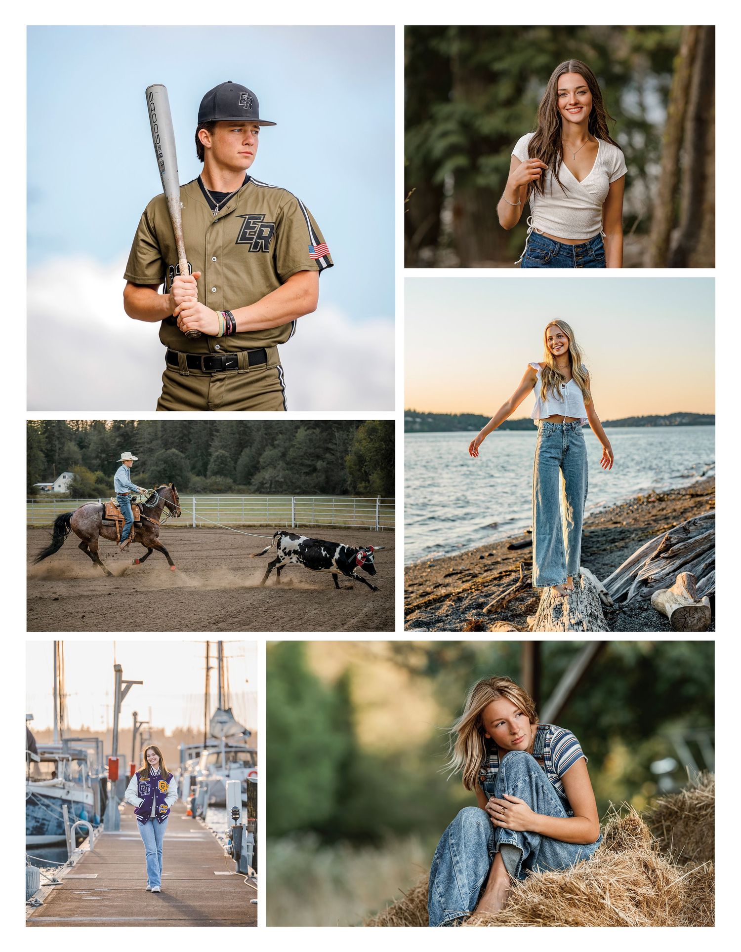 A collage of senior portraits featuring a baseball player, two young women outdoors, a rodeo rider, and waterfront shots.