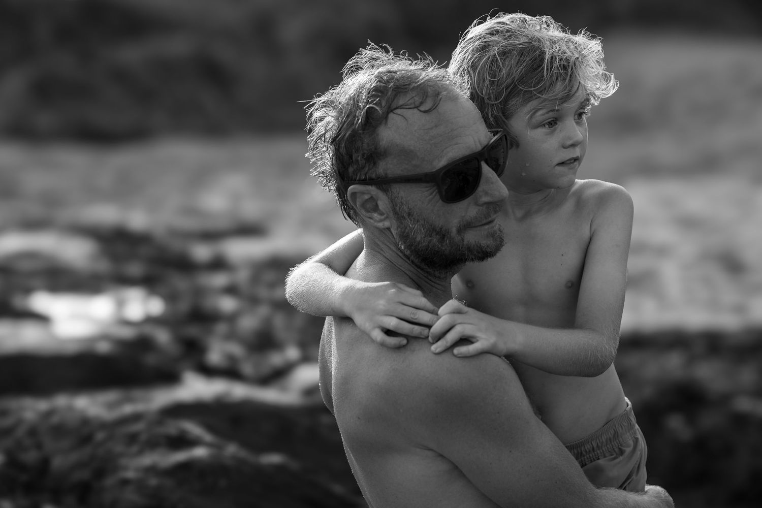 father and son on the beach, Devon