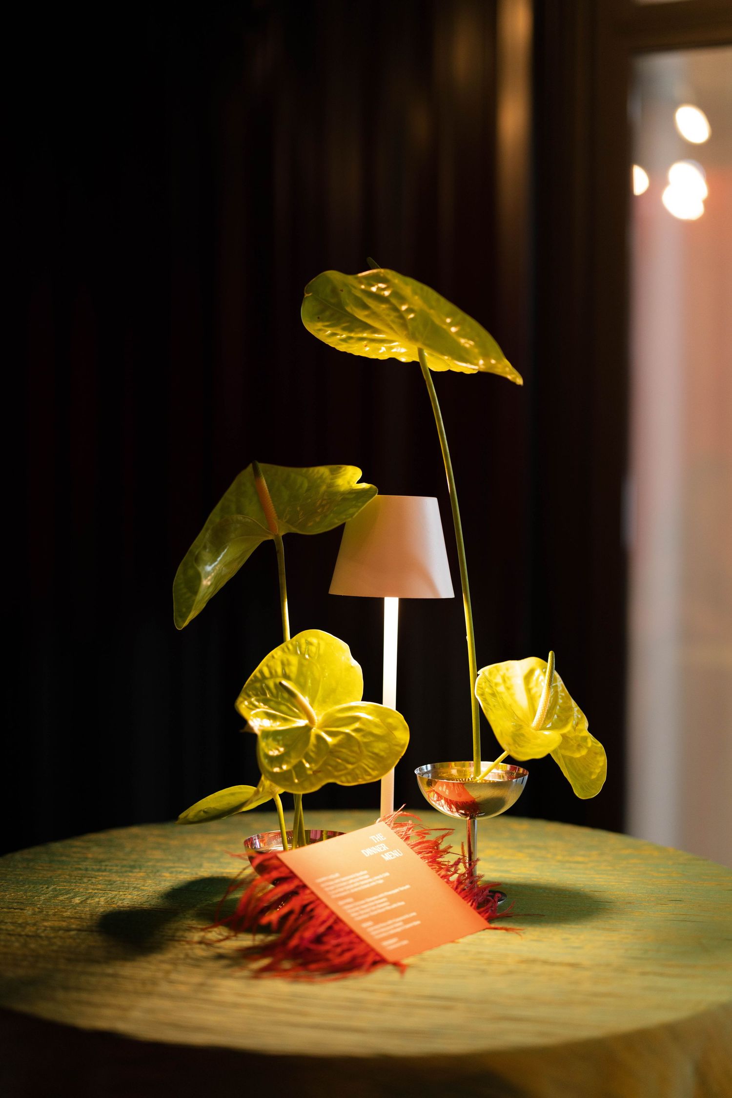 Artistic food menu with green leaves and red garnish on a round plate in dramatic lighting.