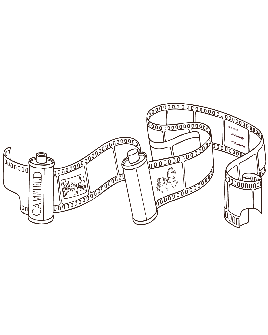 Line drawing of a Camfield 35mm film roll unrolling with exposed negatives on a white background.