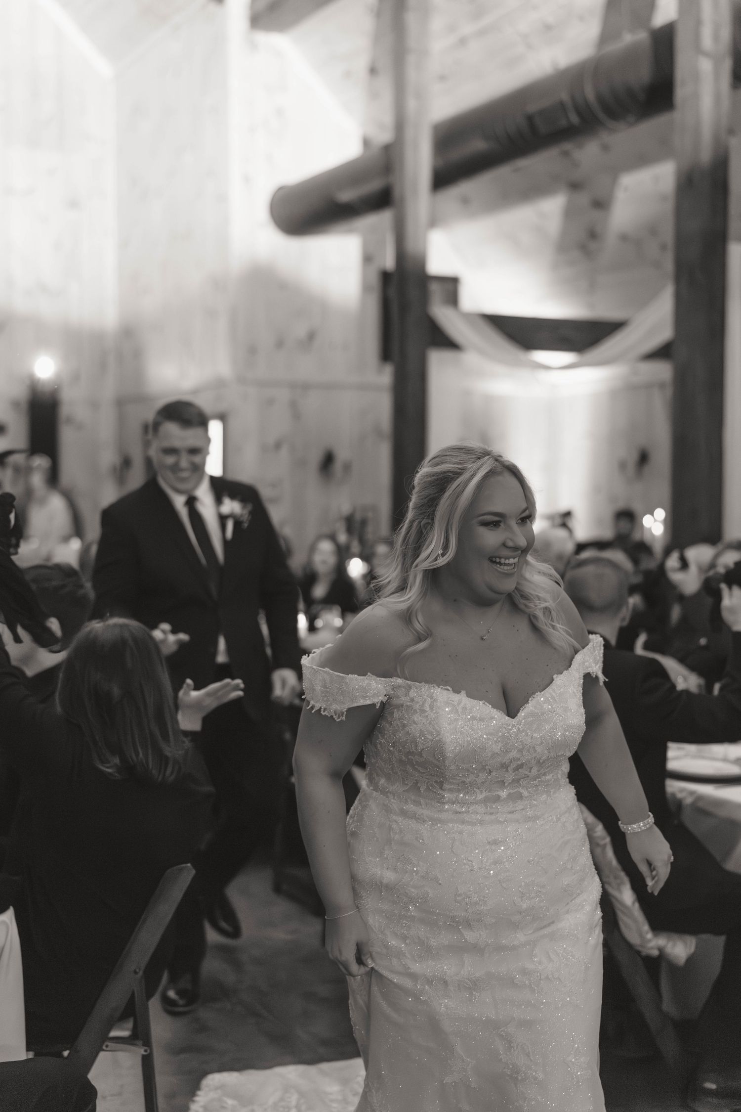 A sequence of wedding reception photos showing a bride in a white lace dress during a grand entrance